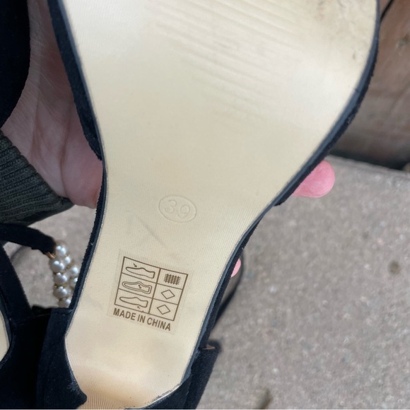 Women’s Black Suede Pointed Toe Stiletto Heel Pearl Bead Straps Shoe Size 39 - Picture 8 of 10